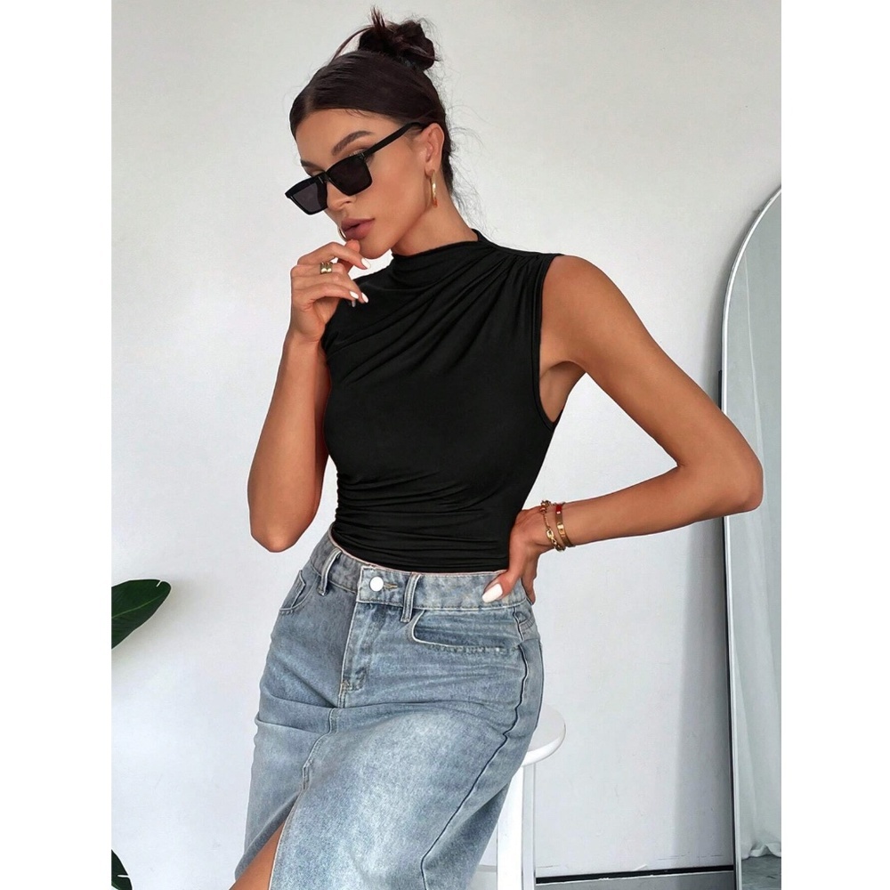 Ruched Black Asymmetrical Sleeveless Bodysuit - Picture 2 of 13